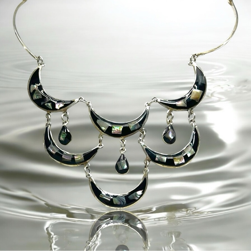 Vintage 60s Alpaca Mexican Silver Mother of Pearl Necklace Bib Dangle Crescent